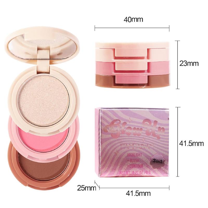 3-in-1 Blendable Trio, Contour and Highlight Blush Makeup Palette,Shimmer Highlighter Makeup Powder, Pink Brown Eyeshadow Palette with Mirror