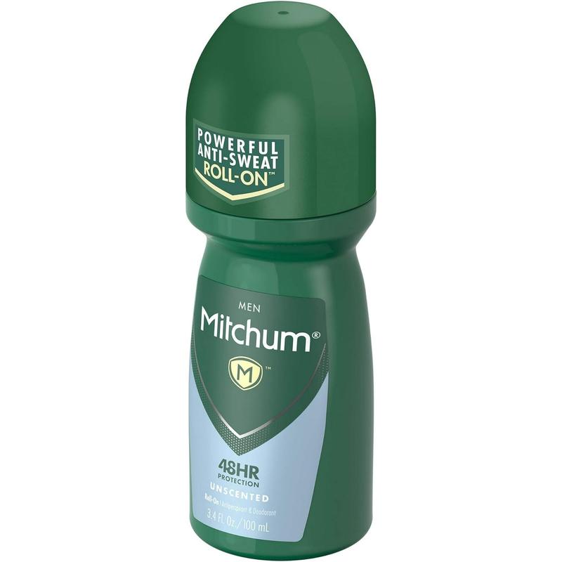 Mitchum Men Powerful Anti-Sweat Antiperspirant Deodorant Roll On, Unscented, 3.4 oz (Pack Of 4)