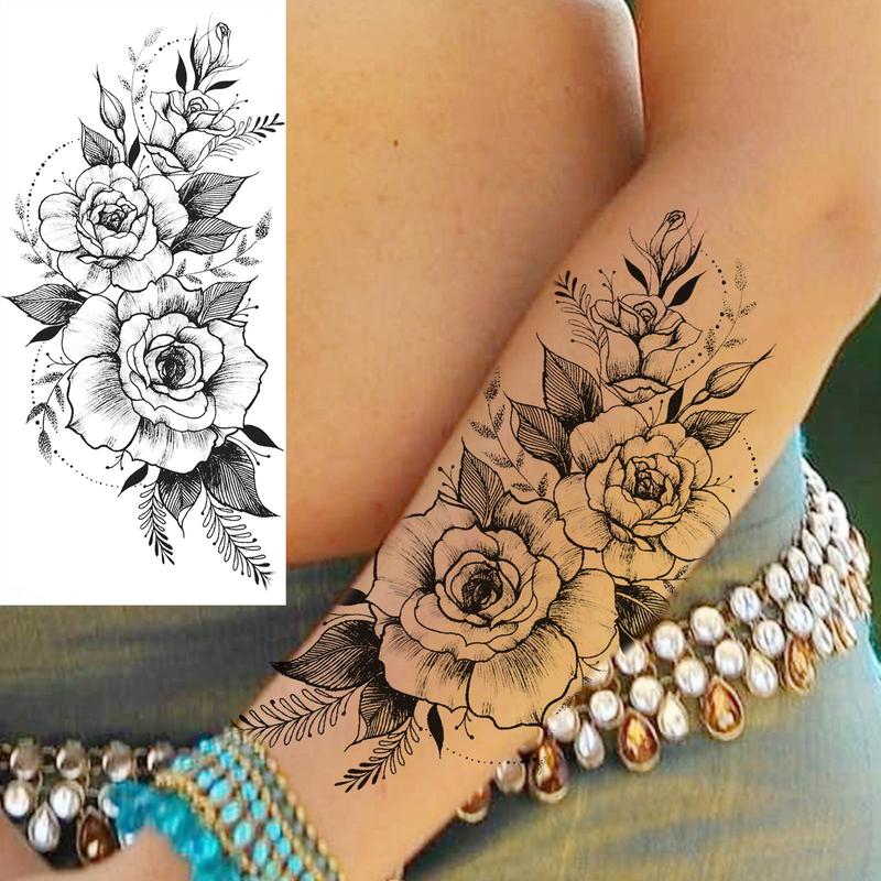 Rose & Peony Pattern Temporary Tattoo Sticker, Fake Tattoo Sticker, Body Art Tattoo Sticker for Women & Girls