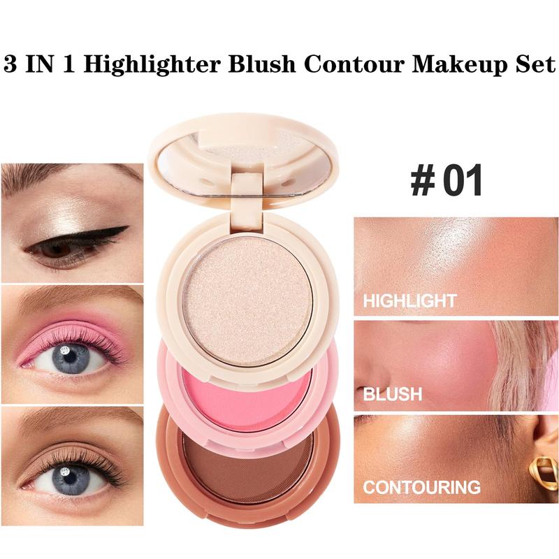 3-in-1 Blendable Trio, Contour and Highlight Blush Makeup Palette,Shimmer Highlighter Makeup Powder, Pink Brown Eyeshadow Palette with Mirror