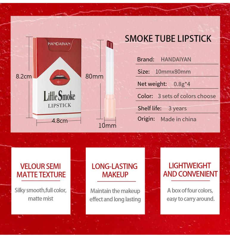 4 Pac Tube Cigarette Lipstick  Little Cigarette Lipstick Set  Labiales Mate Velvet Lipstick Moisturizer & Smooth  Red Lip Stain Long Lasting 24 Hours Waterproof Lip Tinet