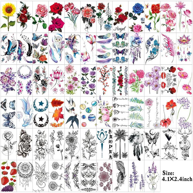 82 Sheets Flower Colorful Temporary Tattoo Stickers Rose, Butterfly and Multicolor Mixed Style Body Art Temporary Tattoos for Women, Girls and Kids