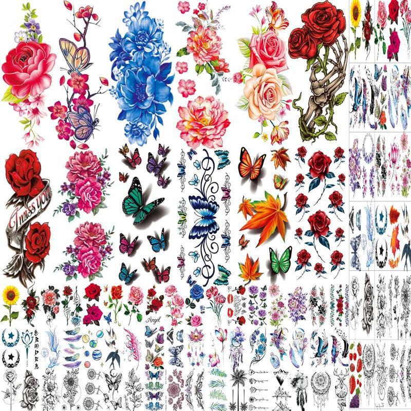 82 Sheets Flower Colorful Temporary Tattoo Stickers Rose, Butterfly and Multicolor Mixed Style Body Art Temporary Tattoos for Women, Girls and Kids