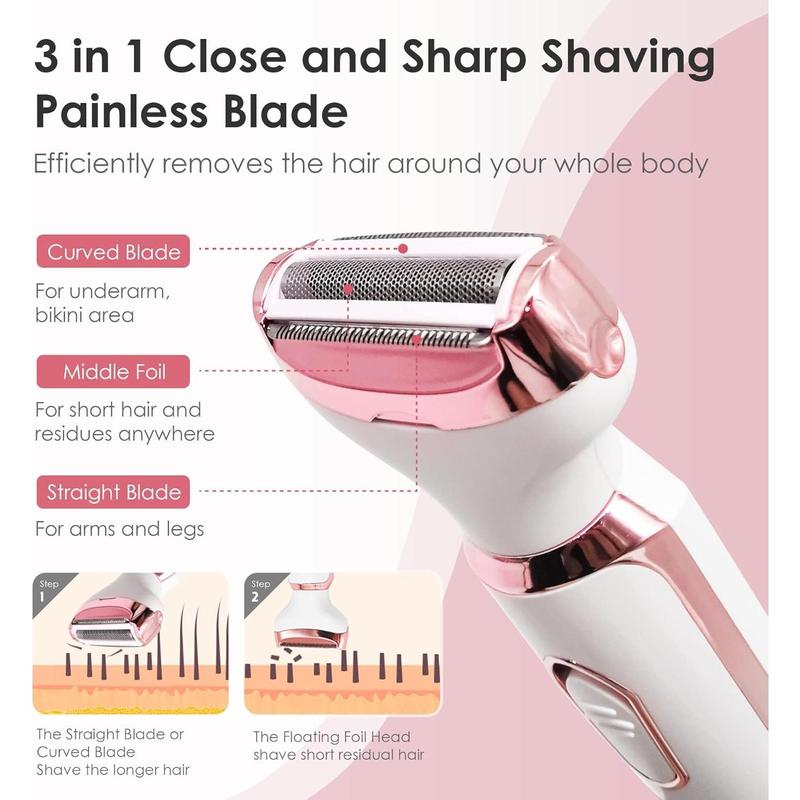 Electric Razors for Women, 4 in 1 Electric Women Shaver, Hair Removal Epilators for   Arm Bikini Armpit Pubic Hair, Cordless Rechargeable Portable Women's Bikini Trimmers, White