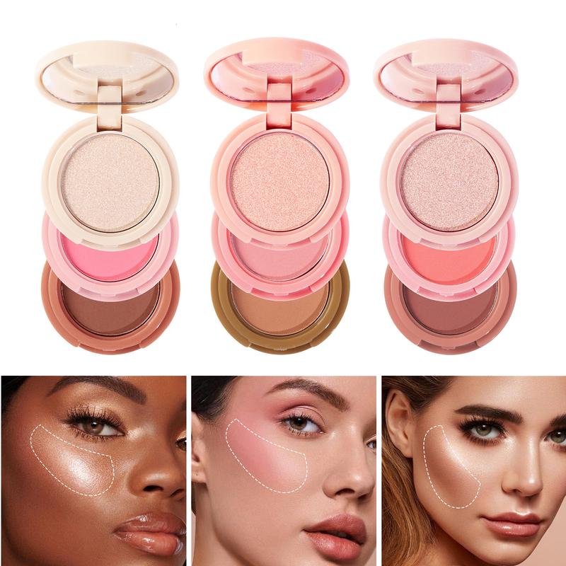 3-in-1 Blendable Trio, Contour and Highlight Blush Makeup Palette,Shimmer Highlighter Makeup Powder, Pink Brown Eyeshadow Palette with Mirror