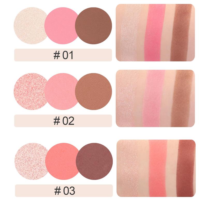 3-in-1 Blendable Trio, Contour and Highlight Blush Makeup Palette,Shimmer Highlighter Makeup Powder, Pink Brown Eyeshadow Palette with Mirror