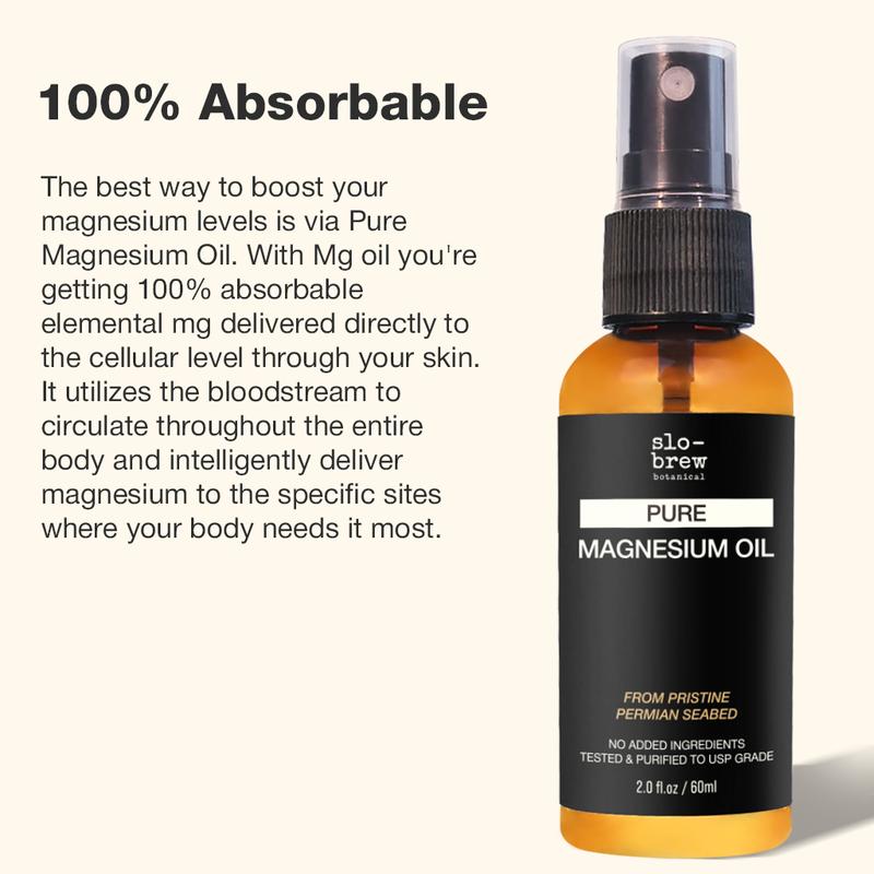 Slo-Brew Pure Magnesium Oil Spray 60ml - Sourced from Ancient Permian Seabed - Non-Greasy, Organic Formula for Extra Strength Relaxation, Muscle Relief & Better Sleep - Hydrates Skin, No Harmful Additives