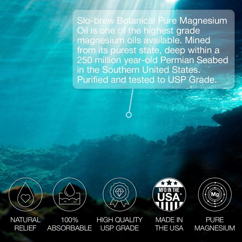 Slo-Brew Pure Magnesium Oil Spray 60ml - Sourced from Ancient Permian Seabed - Non-Greasy, Organic Formula for Extra Strength Relaxation, Muscle Relief & Better Sleep - Hydrates Skin, No Harmful Additives