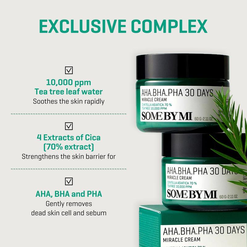 SOME BY MI AHA BHA PHA 30 Days Miracle Cream - 2.02Oz, 60ml - Made from Tea Tree Water for Sensitive Skin - Mild Face Moisturizer for Skincare Gentle