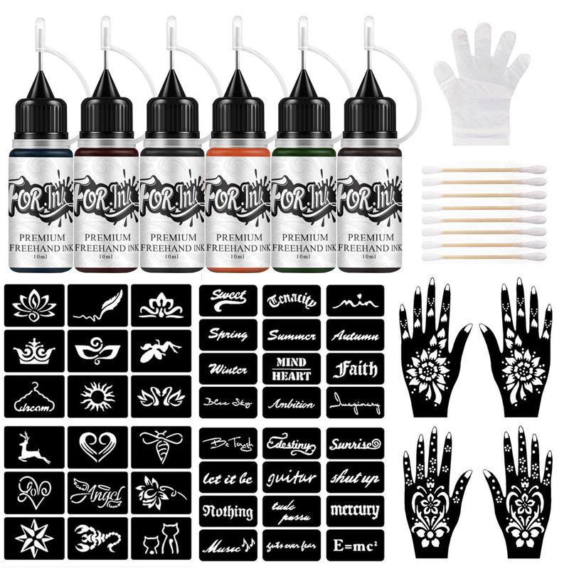 Temporary Tattoo Kit, 6 Colors Semi Permanent Makeup Freehand Inks, Freckles Gel for Art Markers, 8 Sheets Hollow Patterns Fake Tattoos Stencils