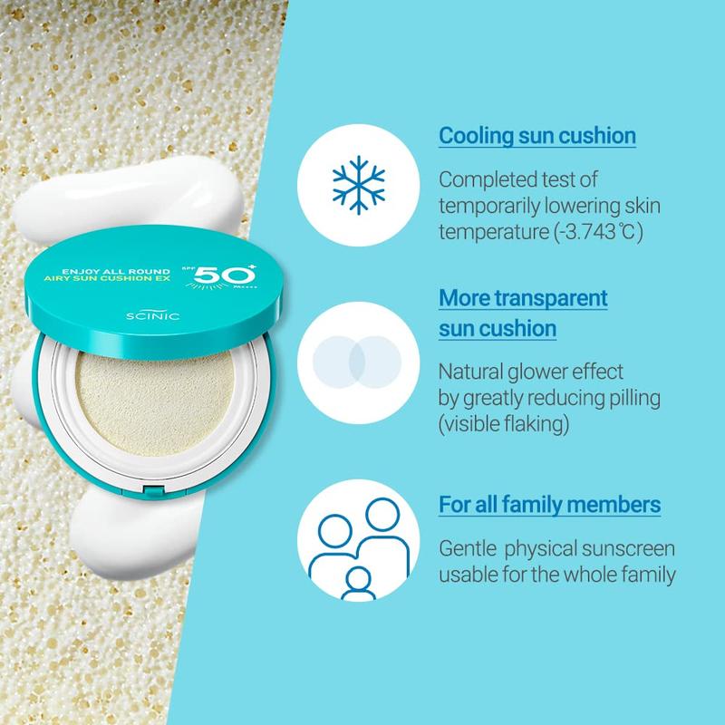 SCINIC Enjoy All Round Airy Sun Cushion EX SPF50+PA++++0.88oz (25g) | Cooling UV Protection & Natural Tone-up From Face To Body For All Family Members | Korean Skincare Concealer Foundation