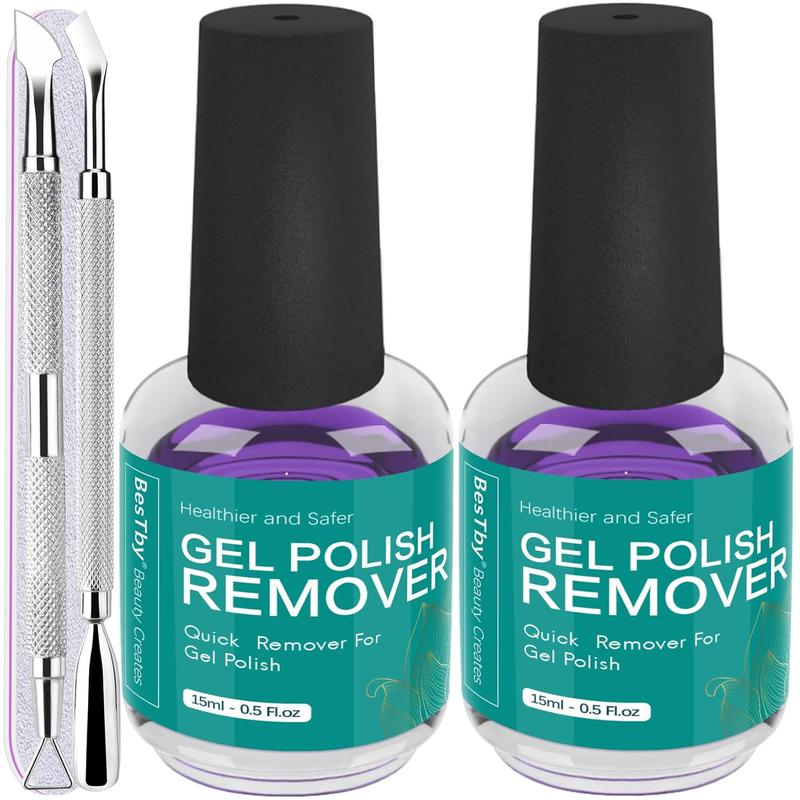 Gel Nail Polish Remover - Gel Polish Remover (2pcs 15ml 0.5oz), Remover for Gel Nail Polish 2-5 Minute Easy and Quick, with Pusher and Scraper Nail File Tools, No Soaking or Wrapping Foil