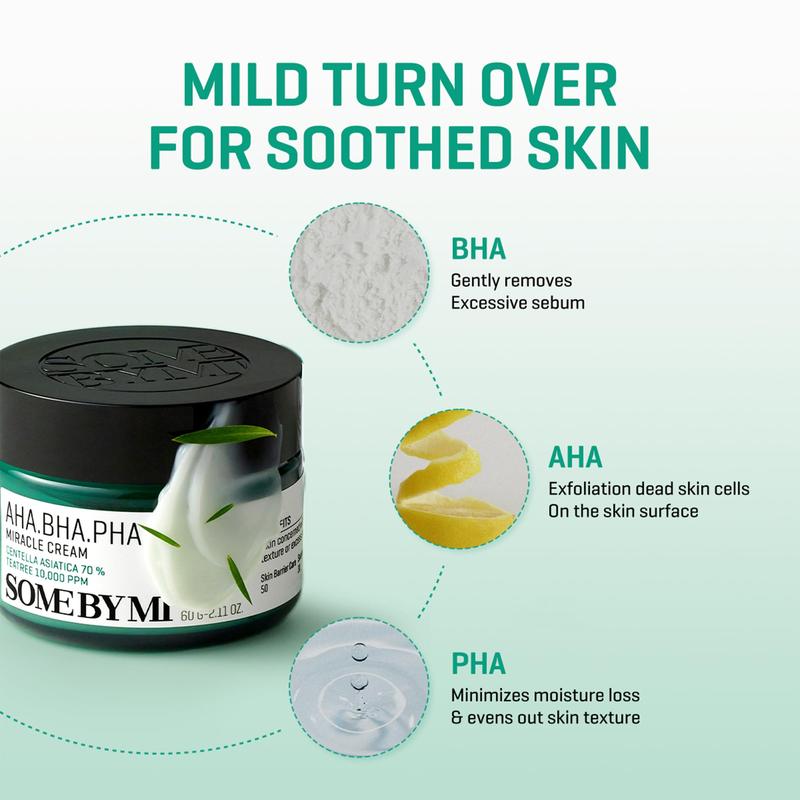 SOME BY MI AHA BHA PHA 30 Days Miracle Cream - 2.02Oz, 60ml - Made from Tea Tree Water for Sensitive Skin - Mild Face Moisturizer for Skincare Gentle