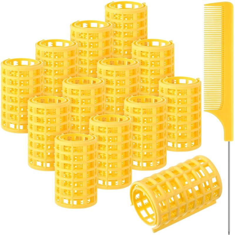 12 count Snap Hair Roller, Large Size Plastic Hair Rollers Hair Curlers with Rat Tail Comb for Long Hair Hairdressing Styling Tools(6.8 x 3.6 cm,Yellow)