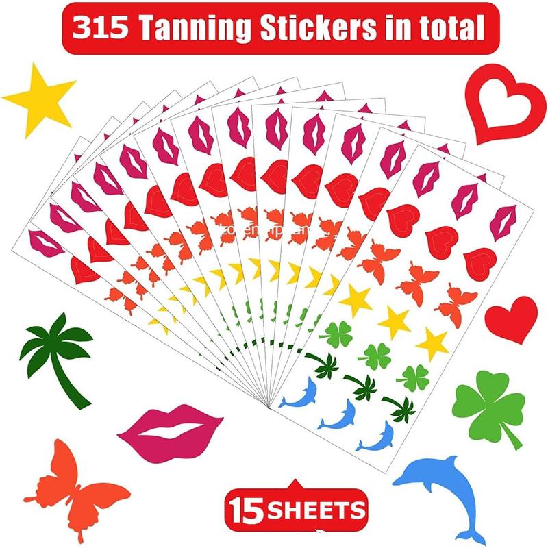 315 Pieces 7 Designs Tanning Sunbathing Stickers Perforated Body Stickers for Tanning Self Adhesive Tanning Bed Sticker Tanning Heart Lips Stickers Tanning Butterfly Dolphin Stickers