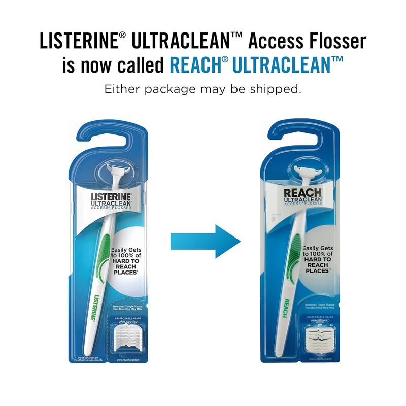 REACH Listerine ULTRACLEAN Access Flosser Starter Kit - Easy-to-use pack with 8 Unflavored Refill Heads - Oral, Dental Floss Durable Comfort