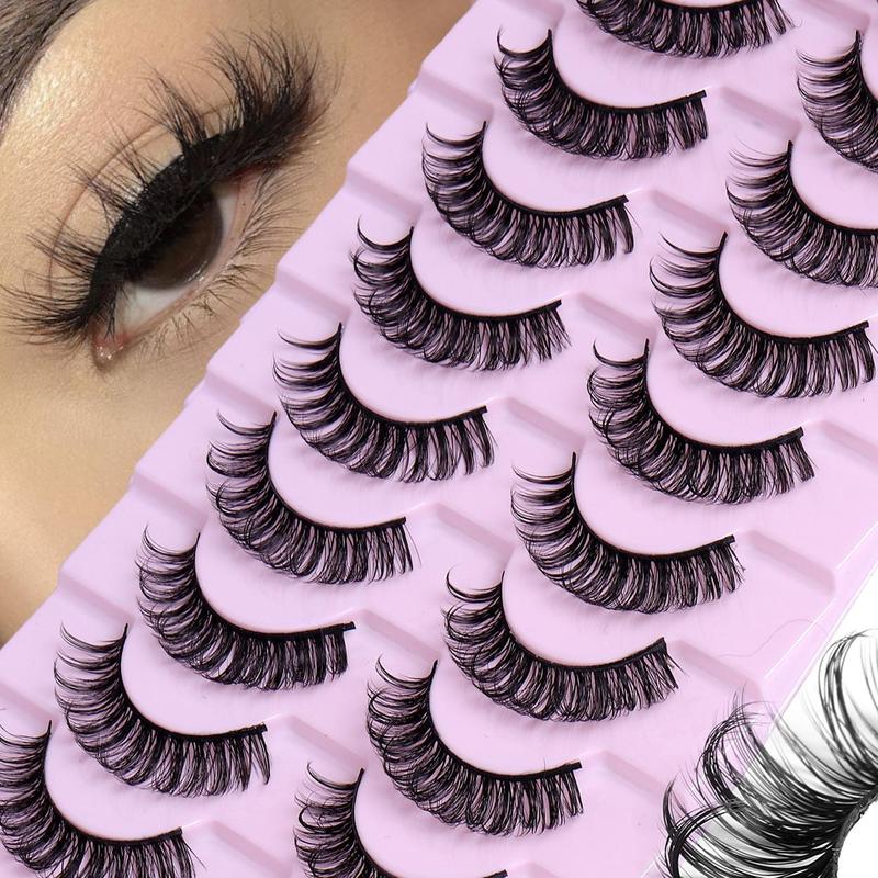 Russian Curled False Eyelashes, 10 Pairs Wispy Cluster Lashes, Natural Look Curl Eye Makeup Strip Lashes for Women & Girls Eye Extensions