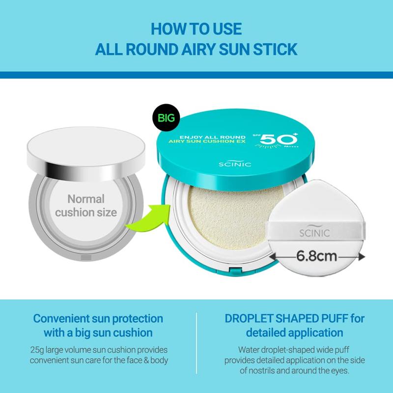 SCINIC Enjoy All Round Airy Sun Cushion EX SPF50+PA++++0.88oz (25g) | Cooling UV Protection & Natural Tone-up From Face To Body For All Family Members | Korean Skincare Concealer Foundation