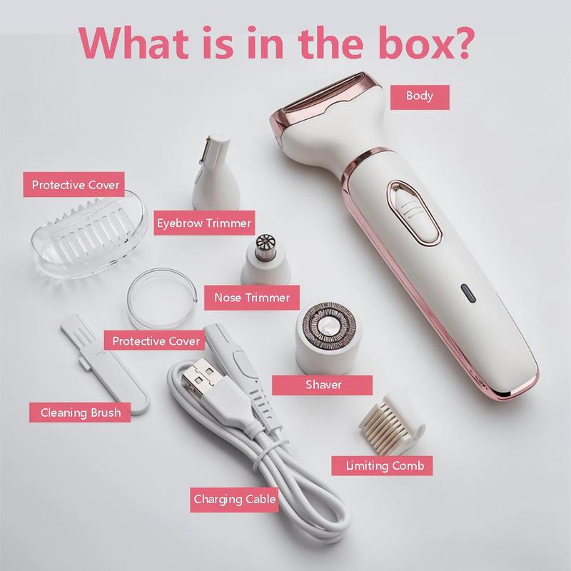 4 in 1 Electric Shaver, 1 Box USB Rechargeable Hair Removal Tool with Replacement Heads, Gentle Hair Removal Tool for Face, Eyebrow, Nose, Arm, Leg, Body