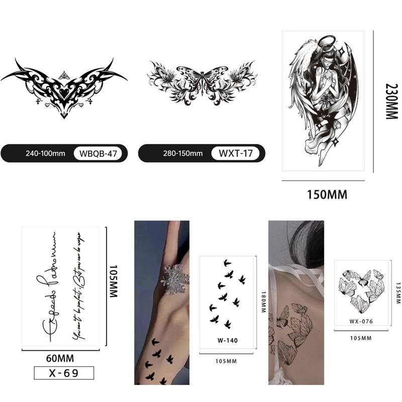 6 sheets Large-Size Realistic Waterproof SemiPermanent Tattoo Stickers,Black Temporary Tattoos Stickers Lasts 7-15 Days, Forearm Designs Featuring Tribal, Wolf, Tiger, Lion, Owl, Skeleton Skull, Temp Halloween Fake Tattoo Stickers, Rose, and Animals