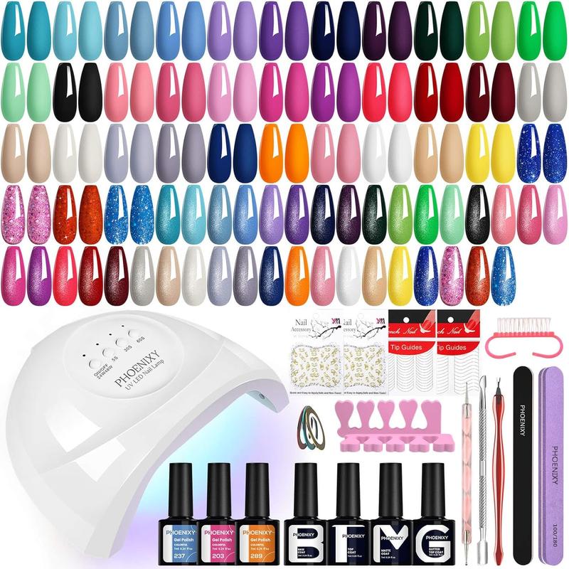 Gel Nail Polish Kit with U V Light 48W, 56 Pcs 108 Effect Gel Nail Kit Base Glitter Top Coat Gel Nail Polish Set Manicure Tools Gifts for Women