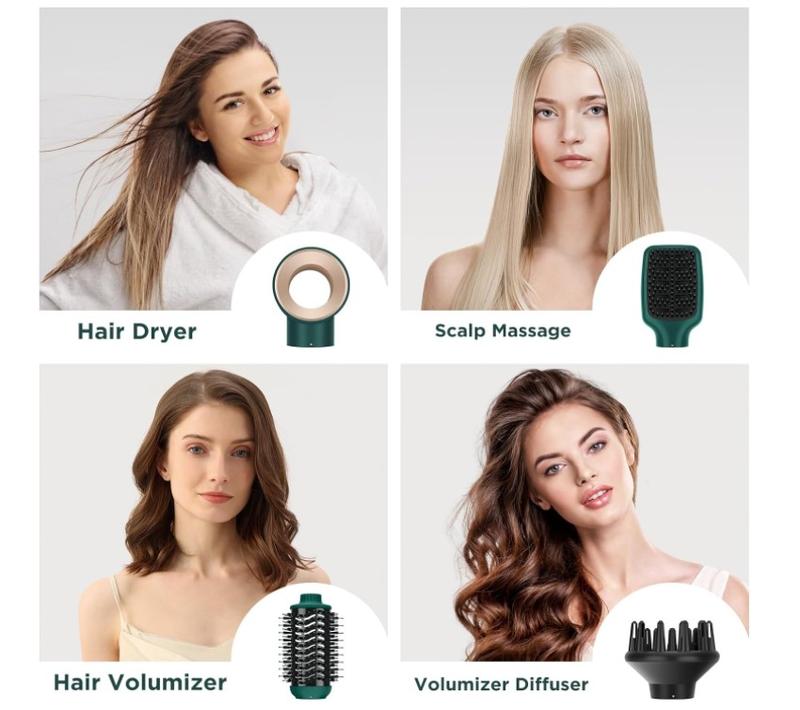 IG INGLAM Hair Dryer Brush, 4-in-1 Detachable Blow Dryer Brush, Ionic Diffuser Hair Dryer & Styler Volumizer with Oval Titanium Barrel, One-Step Hot Air Blowout Brush, Updated Push Switch, Dark Green