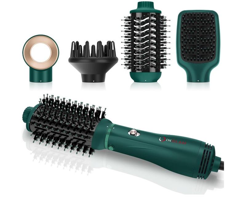 IG INGLAM Hair Dryer Brush, 4-in-1 Detachable Blow Dryer Brush, Ionic Diffuser Hair Dryer & Styler Volumizer with Oval Titanium Barrel, One-Step Hot Air Blowout Brush, Updated Push Switch, Dark Green