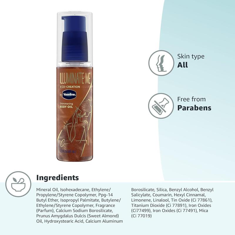 Vaseline Illuminate Me Shimmering Body Oil Created for Melanin Rich Skin, Illuminates Skin with Finishing Touch of Shimmer for Glowing Skin 3.3 oz