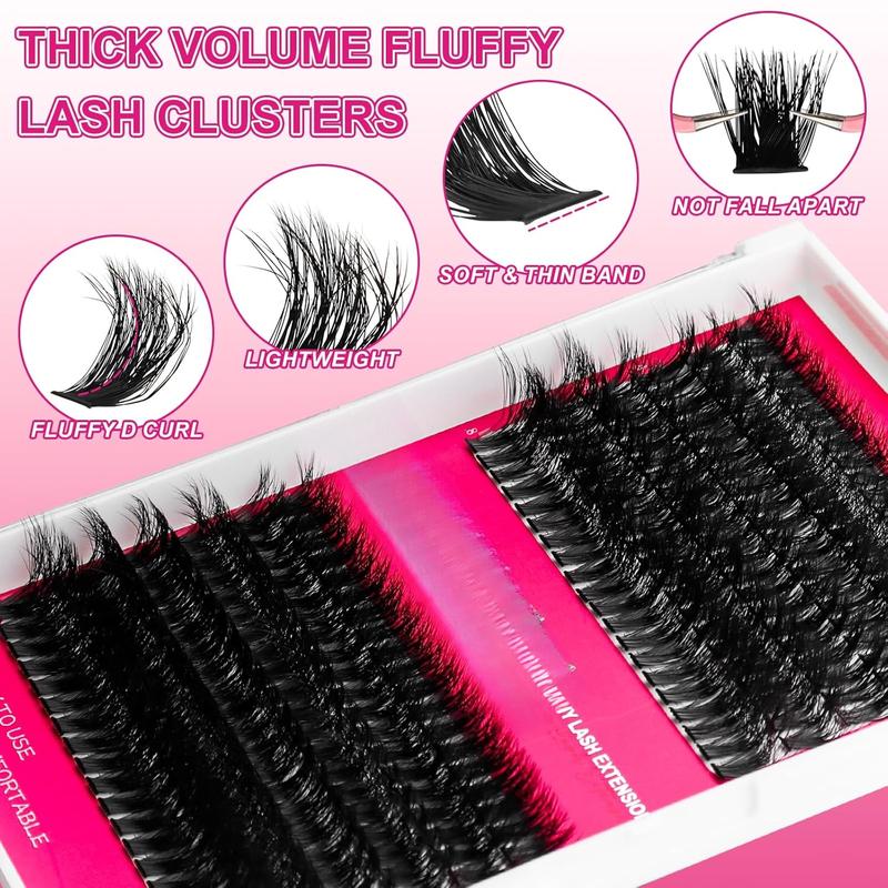 Lash Clusters Kit Fluffy 80D 100D Individual Lashes D Curl Cluster Eyelash Extensions 10-18mm DIY Lash Extension Kit Lash Bond and Seal Waterproof, Lash Applicator, Thick False Eyelashes Kit