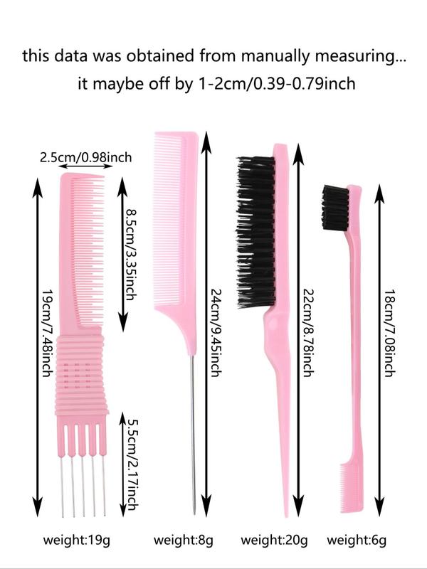 Hair Styling Comb Set, Hair Teasing Combs, Curly Hairbrush Set with Edge Brush, Rat Tail Comb and Bristle Brush for Women Men Kids