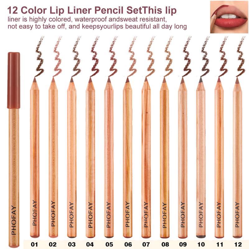 PHOFAY 12 Color Matte Lip Pencil Set,Long Lasting Lip Liner Set，Tinted Lip Liner Pencil, Easy Coloring Lip Sticks for All Occasions Lip Makeup, Girls and Women Makeup Accessories, Lips Makeup Products, Fall Gift