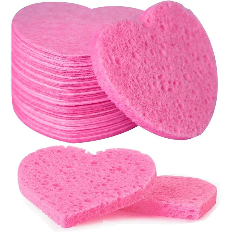 50-Count Facial Sponges Compressed Natural Cellulose Sponge Heart Shape Face Sponge for Face Cleansing Exfoliating and Makeup Removal, Pink Skincare Comfort