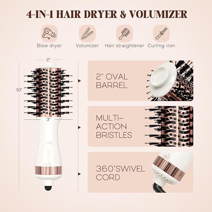 Travel Blow Dryer Brush in one, Dual Voltage Mini Hot Air Brush, Hair Trends Nano Titanium 2 Inch One Step Hair Dryer and Styler Volumizer Oval Shape