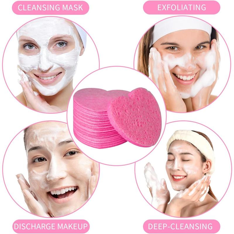 50-Count Facial Sponges Compressed Natural Cellulose Sponge Heart Shape Face Sponge for Face Cleansing Exfoliating and Makeup Removal, Pink Skincare Comfort