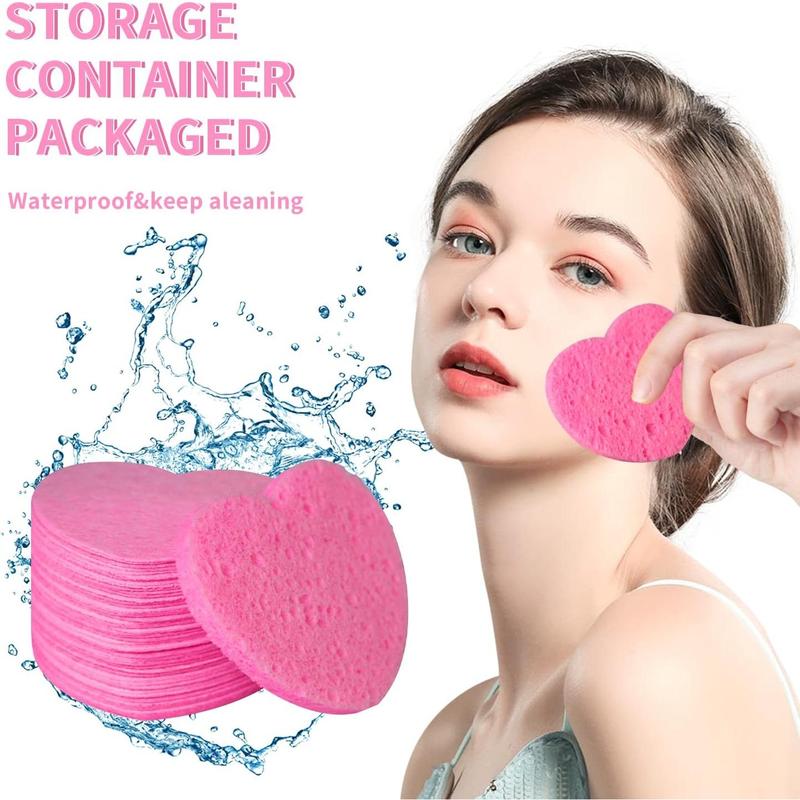 50-Count Facial Sponges Compressed Natural Cellulose Sponge Heart Shape Face Sponge for Face Cleansing Exfoliating and Makeup Removal, Pink Skincare Comfort