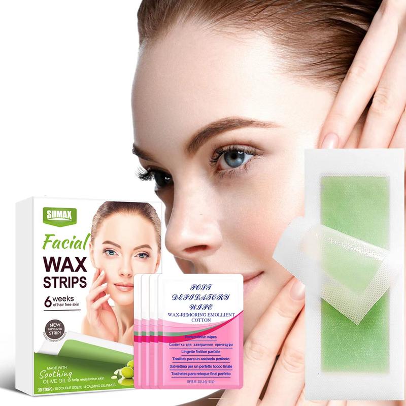 SUMAX Epilator Wax Strips, Men's and Women's Wax for Face and Bikini, 30 Olive Oil Wax Papers + 4 Calming Oil Wipes