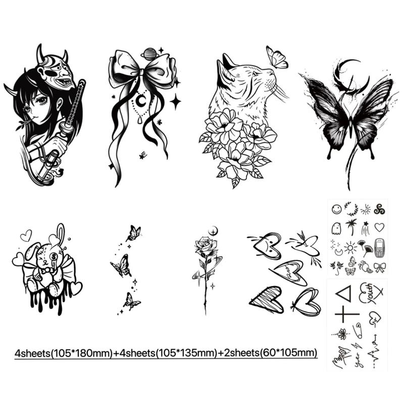 10 sheets Realistic Waterproof Tattoo Stickers,Black Temporary Tattoos Stickers, Forearm Designs Featuring Tribal, bowknot,cats, rabbits, hearts, roses, butterflies,cute Temp Halloween Fake Tattoo Stickers, Rose, and Animals