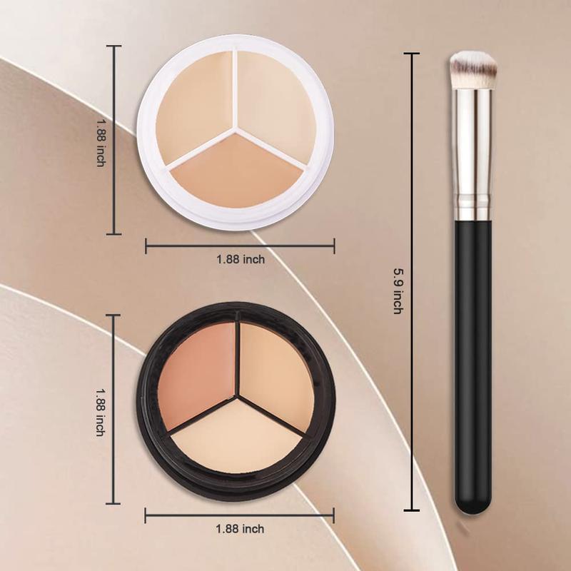 2 pcs Tri-color Face Concealer Contour Palette With Brush for Light Medium Skin. Correct Cream Foundation Palet for Under Eye Dark Circles Eyelid Tattoo. Ivory Cream Makeup Plate corrector de ojeras