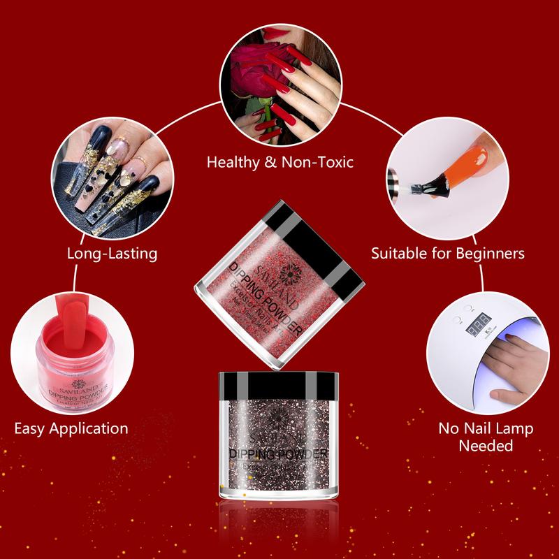 Saviland 14pcs Dip Nails Powder Starter Kit, 10 Colors Black Red Glitter Dip Powder Nail kit with 2-In-1 Base Top Coat Activator French Nail Art Manicure DIY Salon All-in-One Beginner Extension Kit Women Gift Set