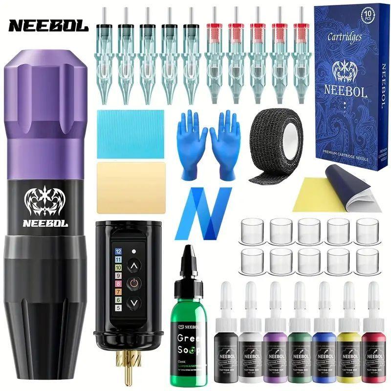 4 colors Tattoo Pen Kit-Tattoo Kit with 20Pcs Tattoo Needles Cartridge, Tattoo Machine Kit with Wireless Tattoo Power Supply and Tattoo Pen, Tattoo Gun Kit for Beginners