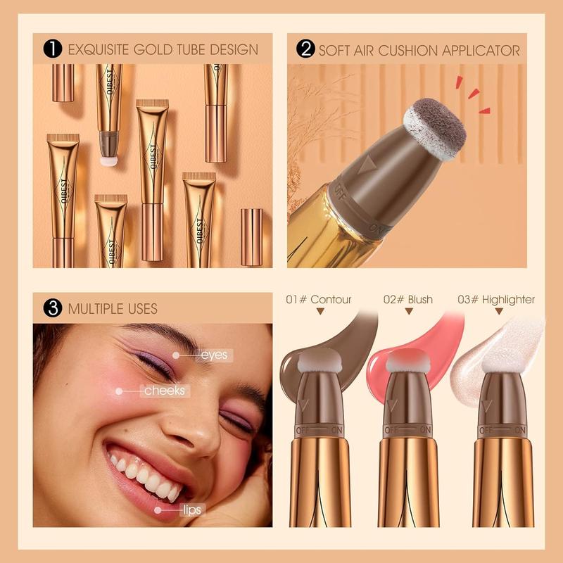 3PCS Liquid Contour Beauty Wall, Face Highlighter and Bronze Stick Attached with Pillow Applicator, Shimmer Long Lasting Silky Cream Face Highlighter Bronze Makeup Stick Liquid Blush Bronzer Brush Matte Powder Smooth Cosmetic Smooth Cosmetic