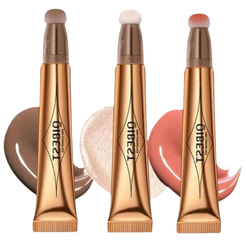 3PCS Liquid Contour Beauty Wall, Face Highlighter and Bronze Stick Attached with Pillow Applicator, Shimmer Long Lasting Silky Cream Face Highlighter Bronze Makeup Stick Liquid Blush Bronzer Brush Matte Powder Smooth Cosmetic Smooth Cosmetic