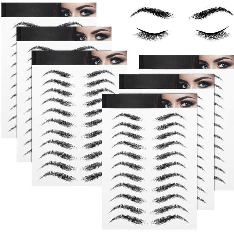 6 Sheets 4D Hair-Like Waterproof Eyebrow Tattoos Stickers Eyebrow Anthers Stickers Temporary Brow Tattoo Peel Off Grooming Shaping Eyebrow Sticker in Arch Style, 66 Pairs Black (High Arch Eyebrow) Cosmetic Makeup