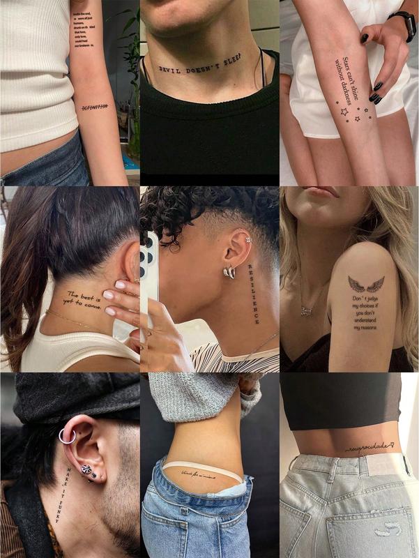 20pcs Waterproof Temporary Tattoo Stickers With English Alphabet Words, Sentences, And Quotes, For Men & Women, Can Be Used On Hands, Wrists, Collarbone, Fingers, Neck And Arms