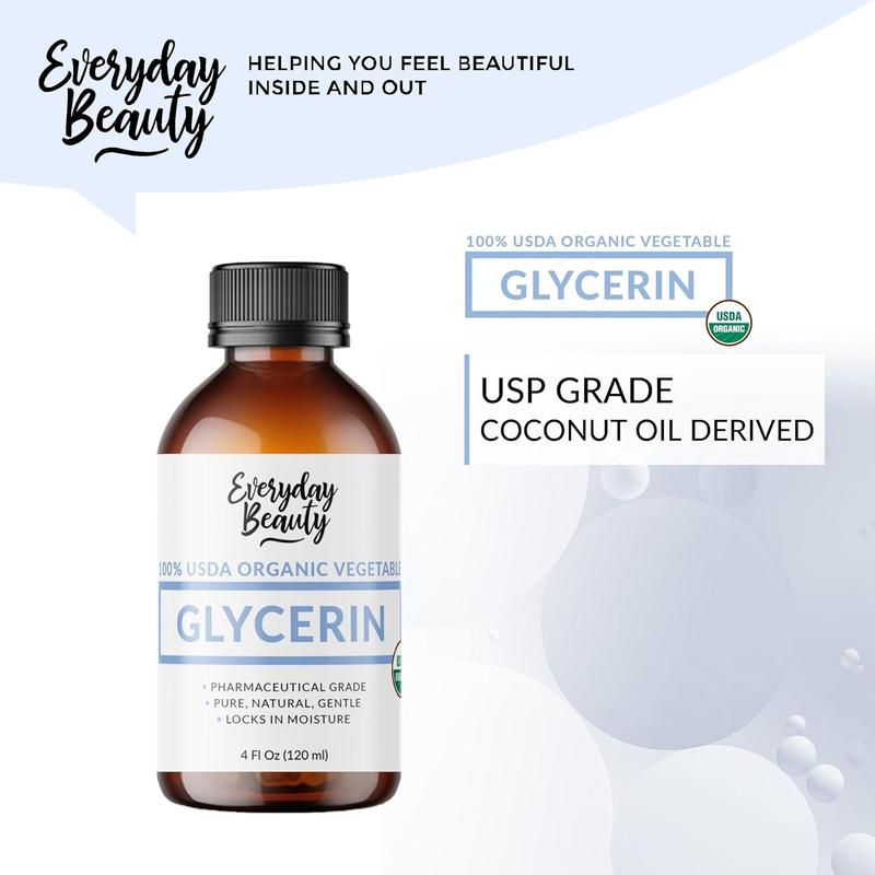 Organic Glycerin – USDA Certified - Perfect for DIY Beauty Products, Crafts, and Formulations – Derived From Coconut – Skin and Hair Moisturizer for Deep Hydration – 4 Fl Oz – By Everyday Beauty