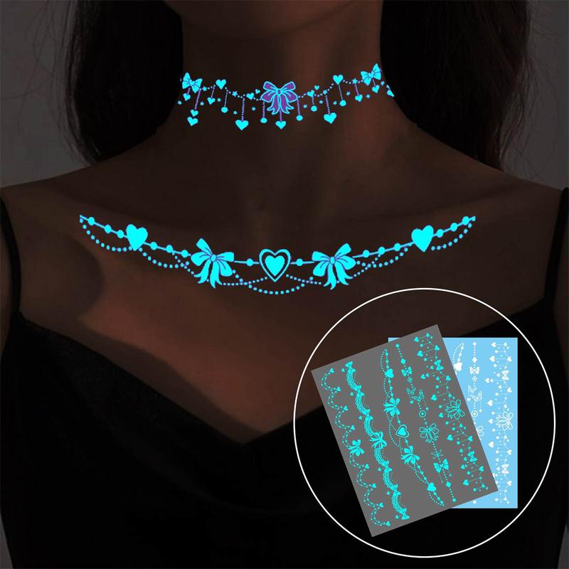 Luminous Temporary Tattoo Sticker, 4pcs set Cute Butterfly & Heart & Bowknot Pattern Tattoo Sticker, Fake Jewelry Pendant Pattern Tattoo Sticker for Women Girls