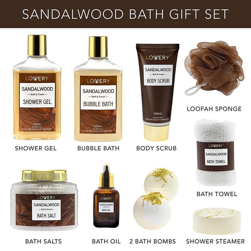 Sandalwood Bath Gift Set - 11Pc Cosmetic Body Care Kit Luxury Moisturizing