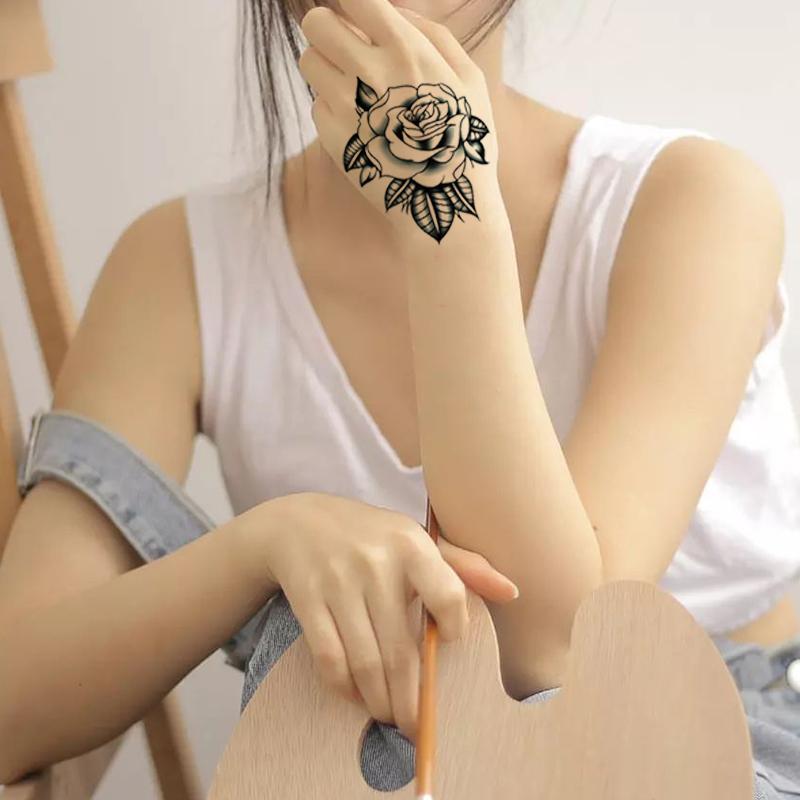 Rose & Sanskrit Pattern Temporary Tattoo Sticker, Decorative Temporary Tattoos, Long Lasting Fake Tattoo for Women & Men, Realistic Body Decoration Tattoo