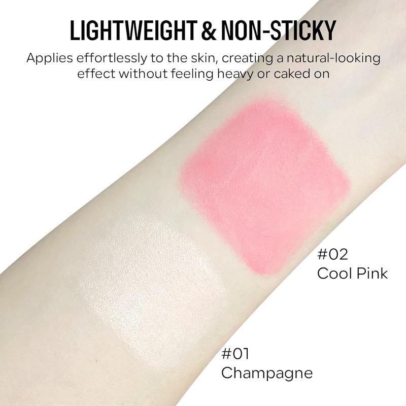 2 Colors Liquid Blush and Highlighter, Natural Face Blush High Glossy Liquid Illuminator, Silky Lightweight Blendable, Cool Pink & Champagne