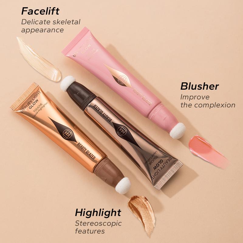 Contour Beauty Wand，Liquid Highlighter Makeup Stick Trio，Face Blush Wand with Cushion Applicator，Nourishing Bronzer Stick Highlight Illuminator，Cruel-free